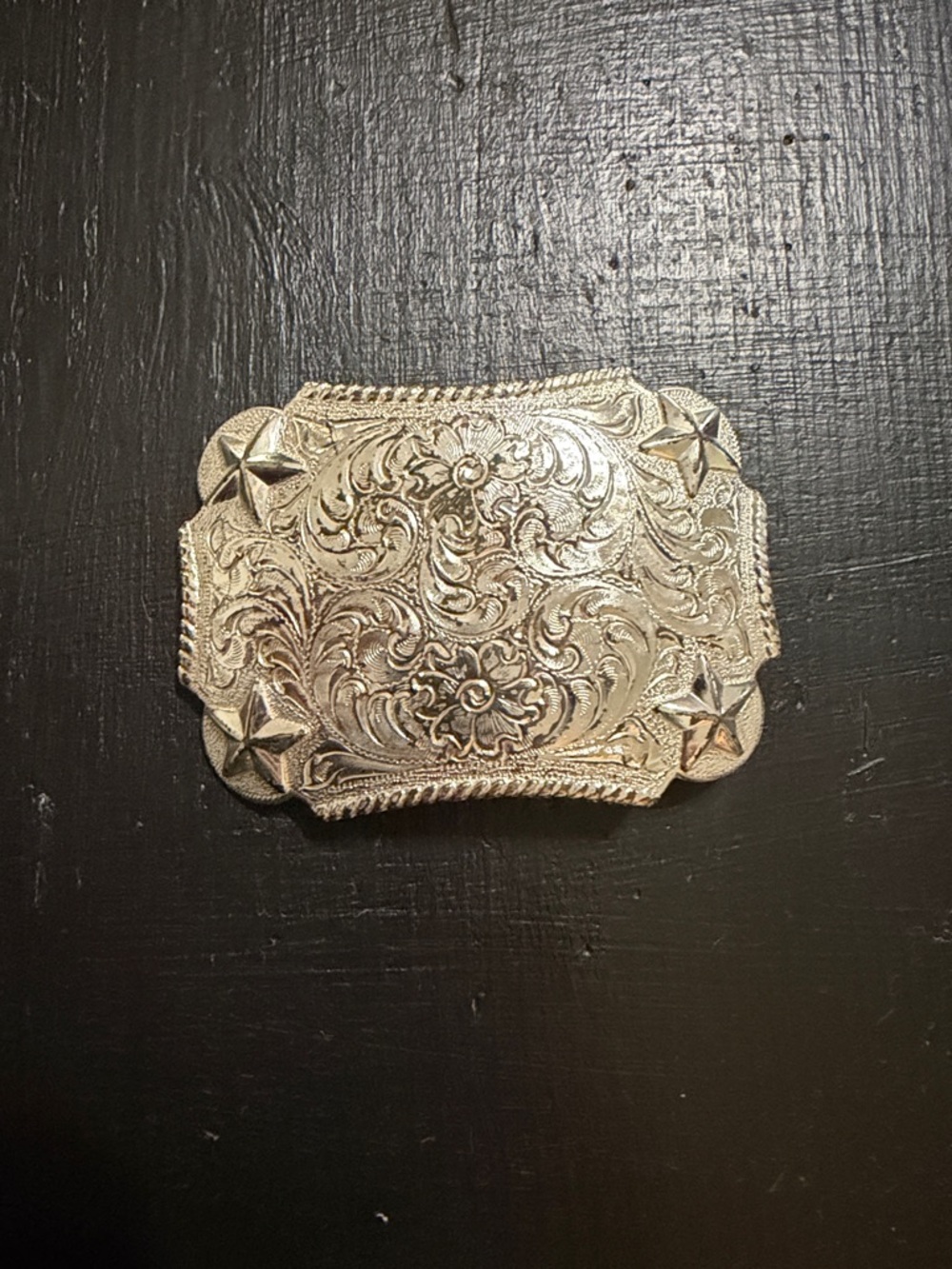 Engraved Floral Western Belt Buckle in Silver Tone